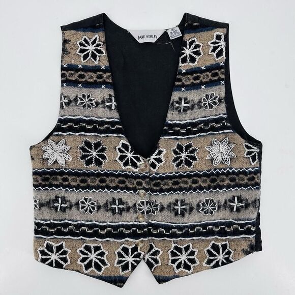 Vintage Jane Ashley Vest Wool Woven Knit Cotton Lined Floral Embroidery Size M - Picture 1 of 10